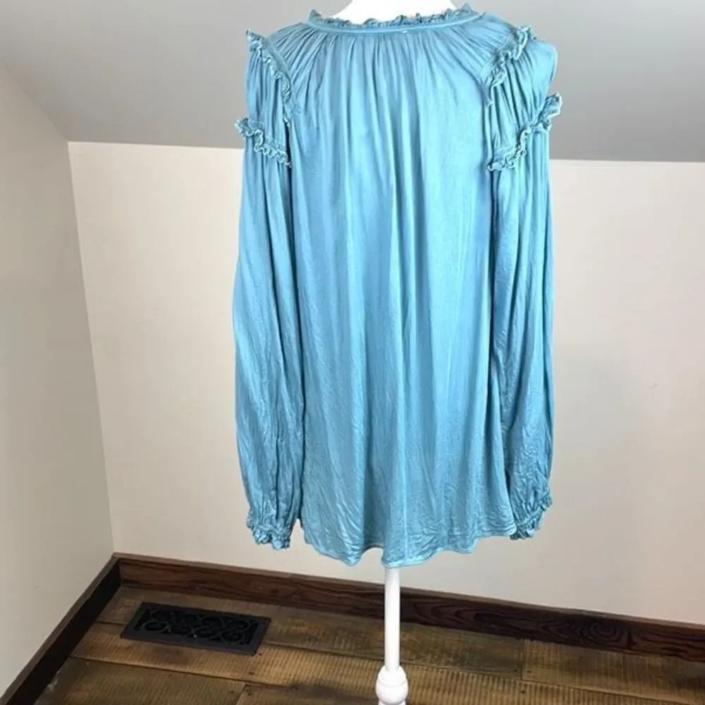 SUNDANCE So In Love Ruffle Peasant Top Long Sleeve Split V-neck Blue Size Medium - Picture 6 of 8